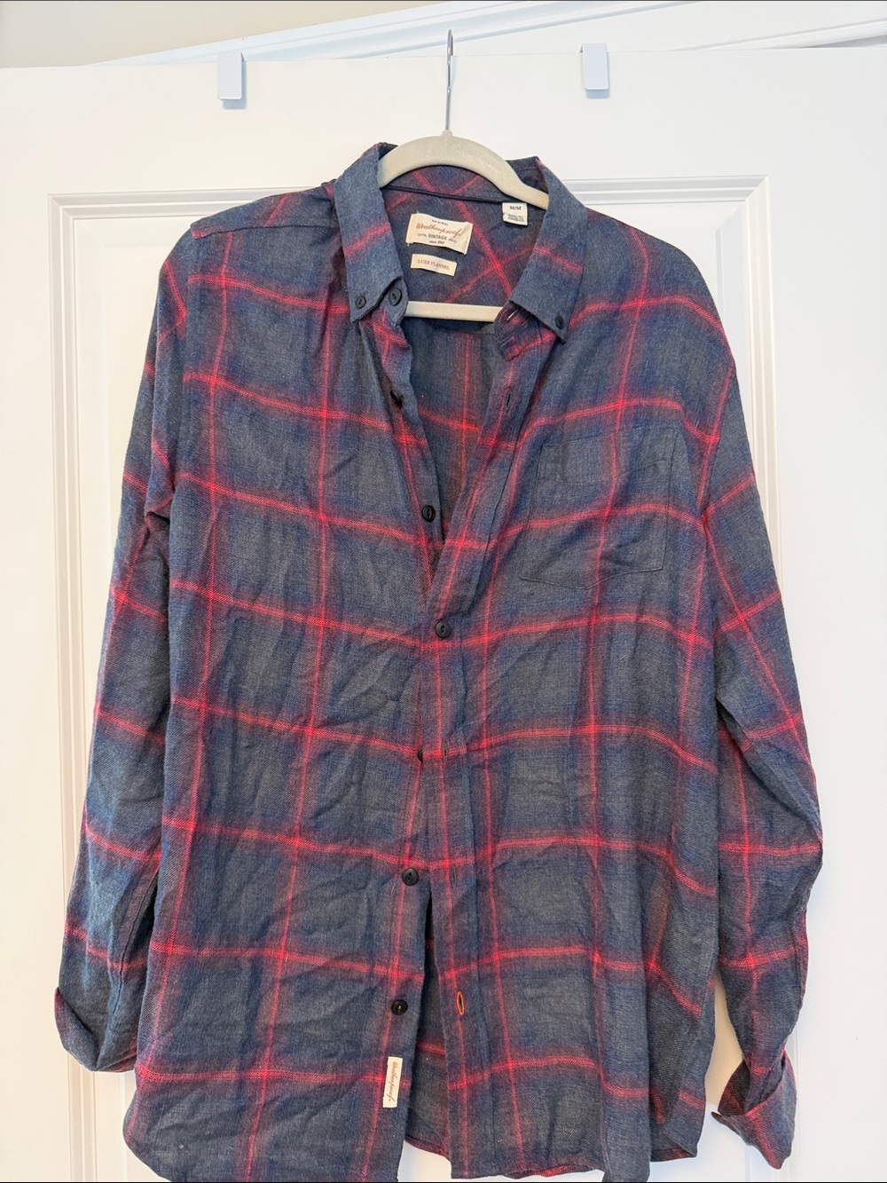 Weatherproof Men's Blue Plaid Button-Down Shirt with Red Windowpane